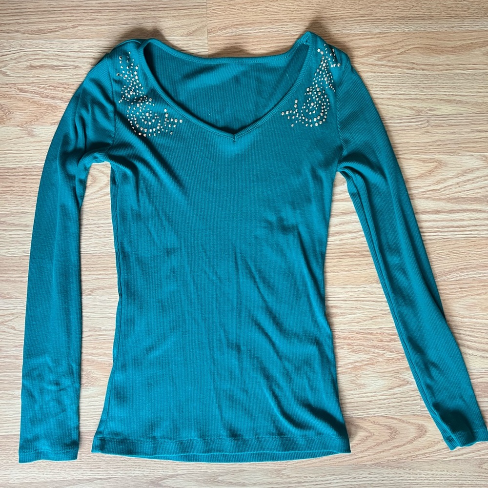 Teal Long Sleeve Top with Embellishments